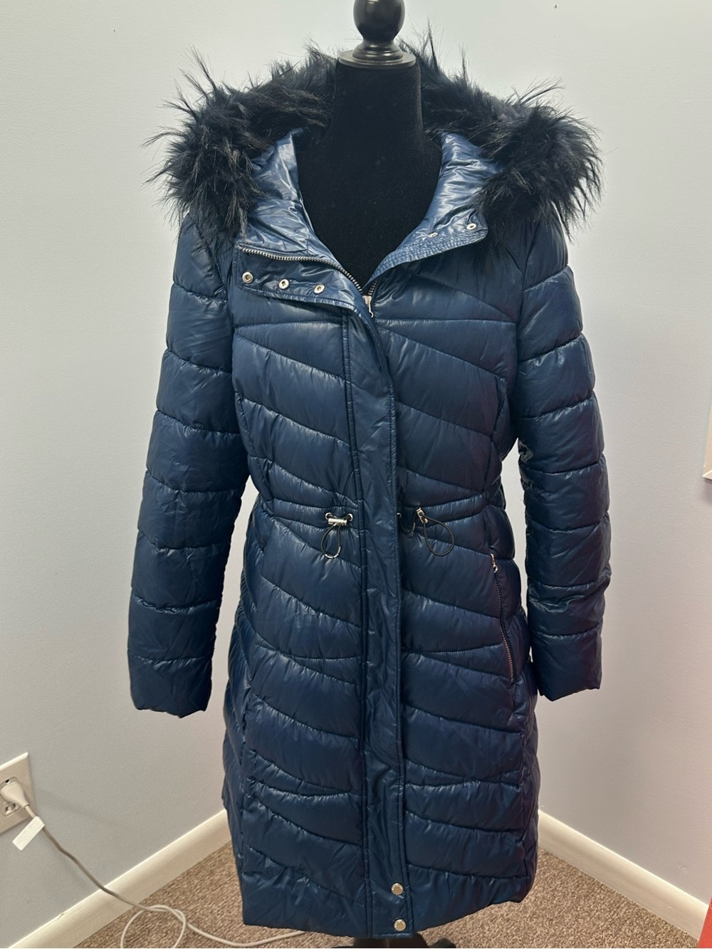 Marc New York Navy Quilted Hooded Puffer Coat with Faux-Fur Trim